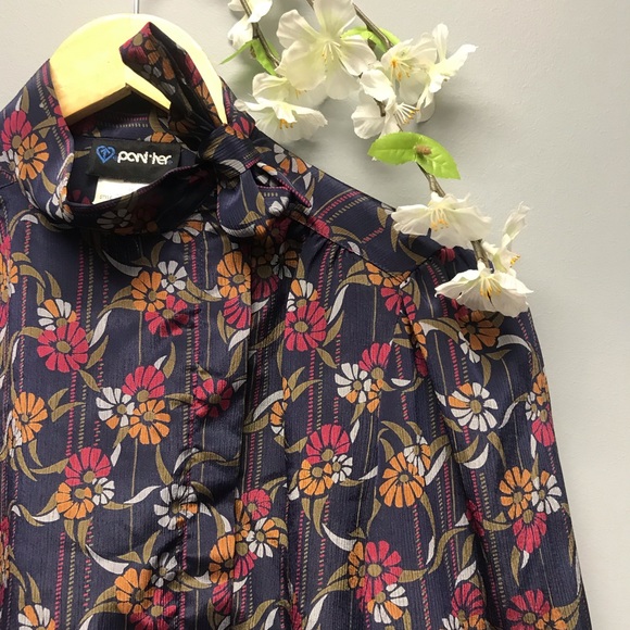 Vintage Panther Women’s Blouse Mock Neck With Tie Floral Size 5/6 [M] - Picture 2 of 9
